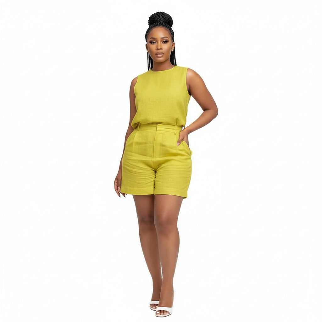 Stylish Shorts and Round-Neck Top 2 Piece Set