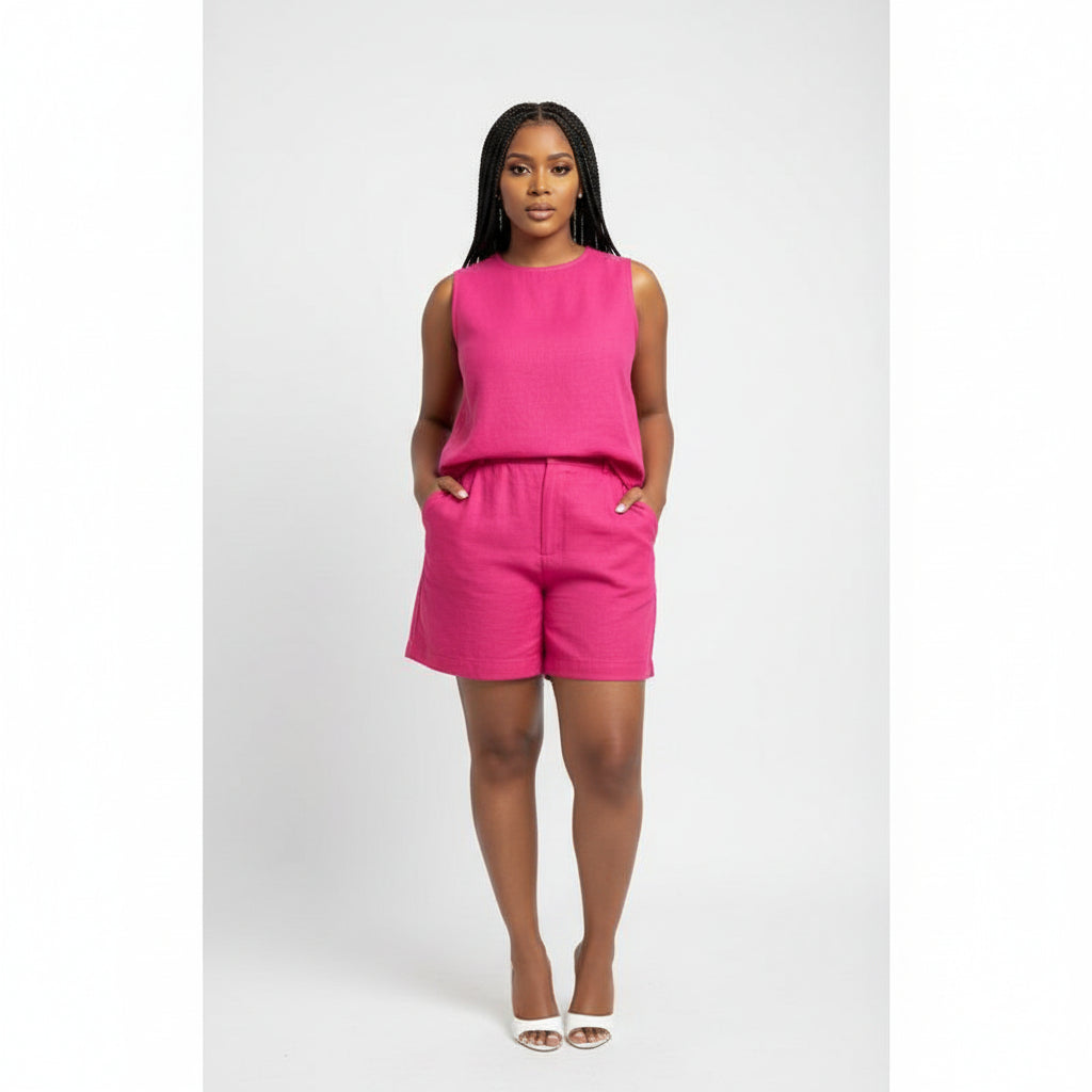 Stylish Shorts and Round-Neck Top 2 Piece Set