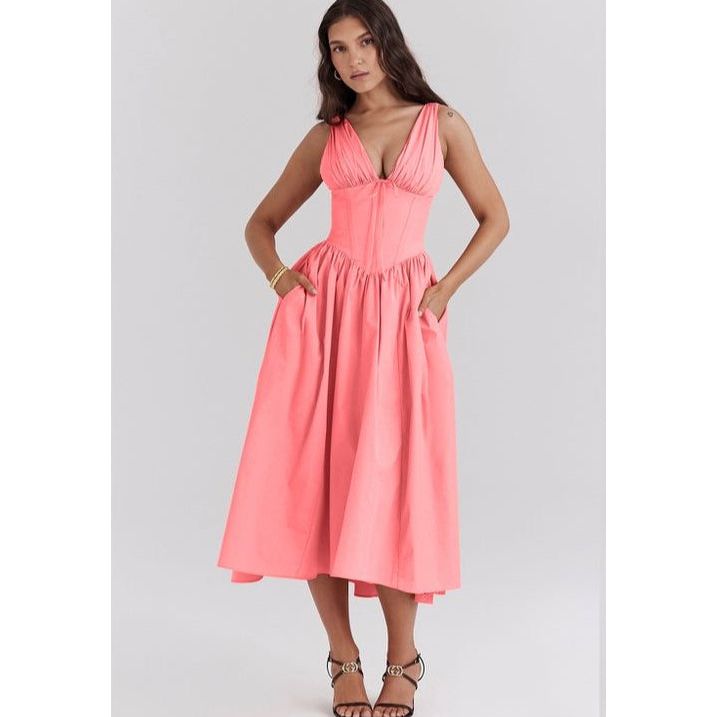 Sexy Sleeveless V-Neck Pleated Midi Dress.