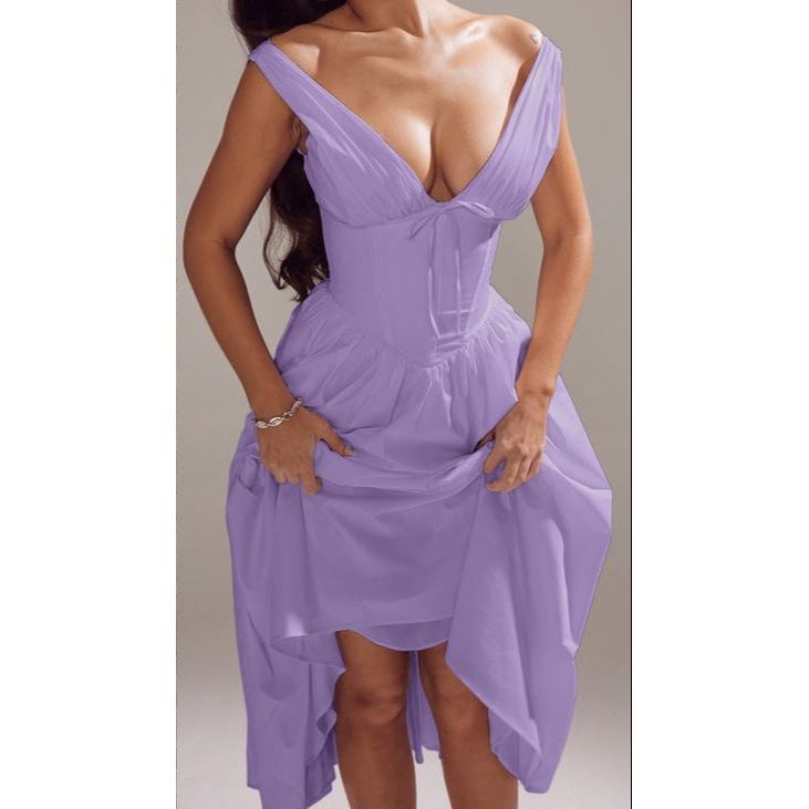 Sexy Sleeveless V-Neck Pleated Midi Dress.