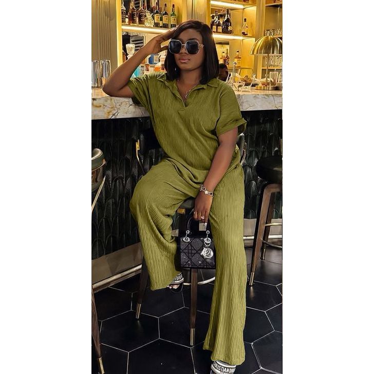 Pleated Shirt & Trousers Two Piece Sets Elegant Long Sleeve Shirts And High Waist Wide Leg Pants Suit
