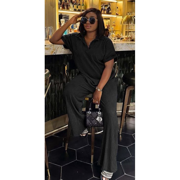 Pleated Shirt & Trousers Two Piece Sets Elegant Long Sleeve Shirts And High Waist Wide Leg Pants Suit