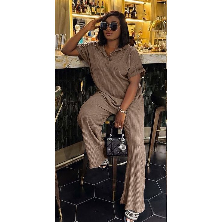 Pleated Shirt & Trousers Two Piece Sets Elegant Long Sleeve Shirts And High Waist Wide Leg Pants Suit