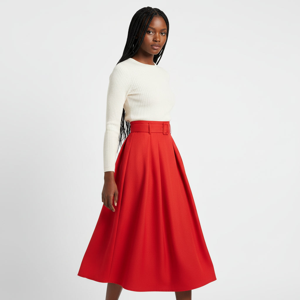 High waisted satin beltes umbrella skirt