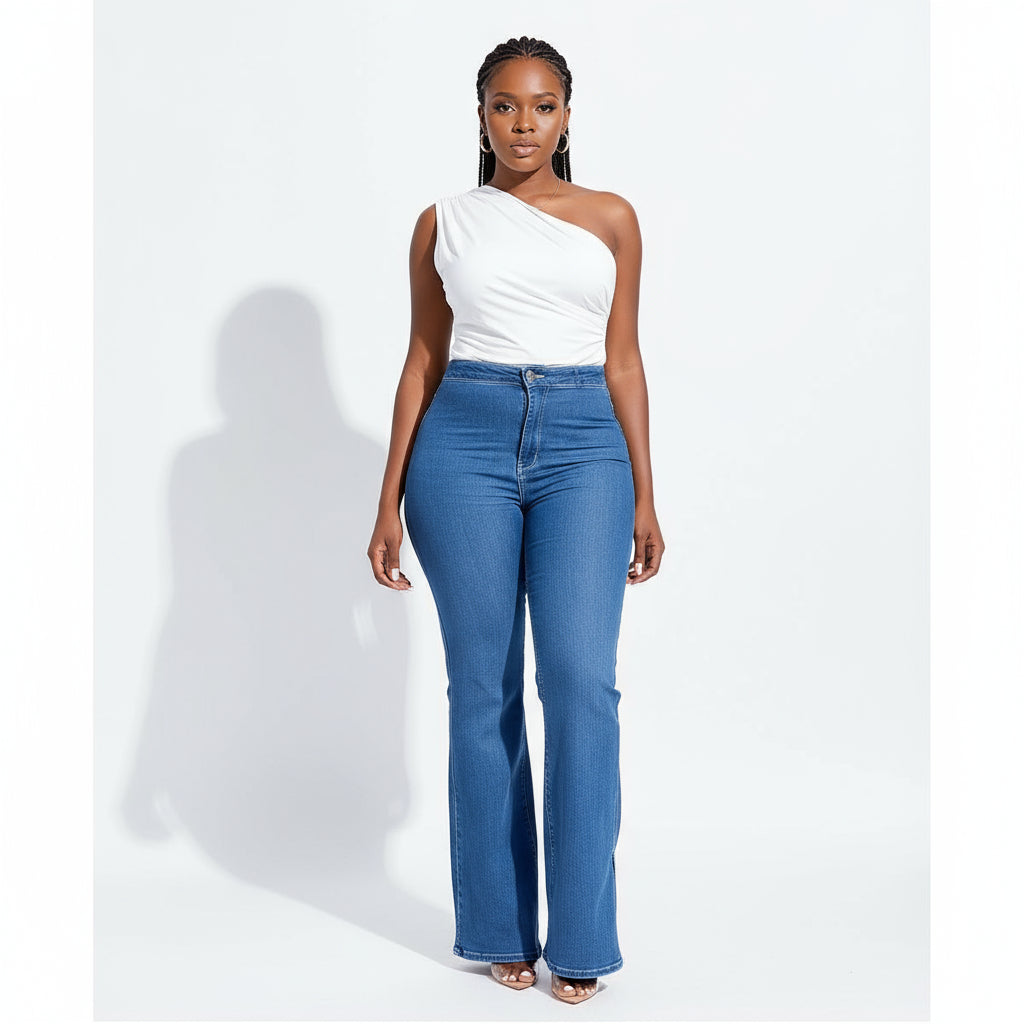 Petite Ladies' Flared Denim Pants With Pockets, For Everyday Casual Wear