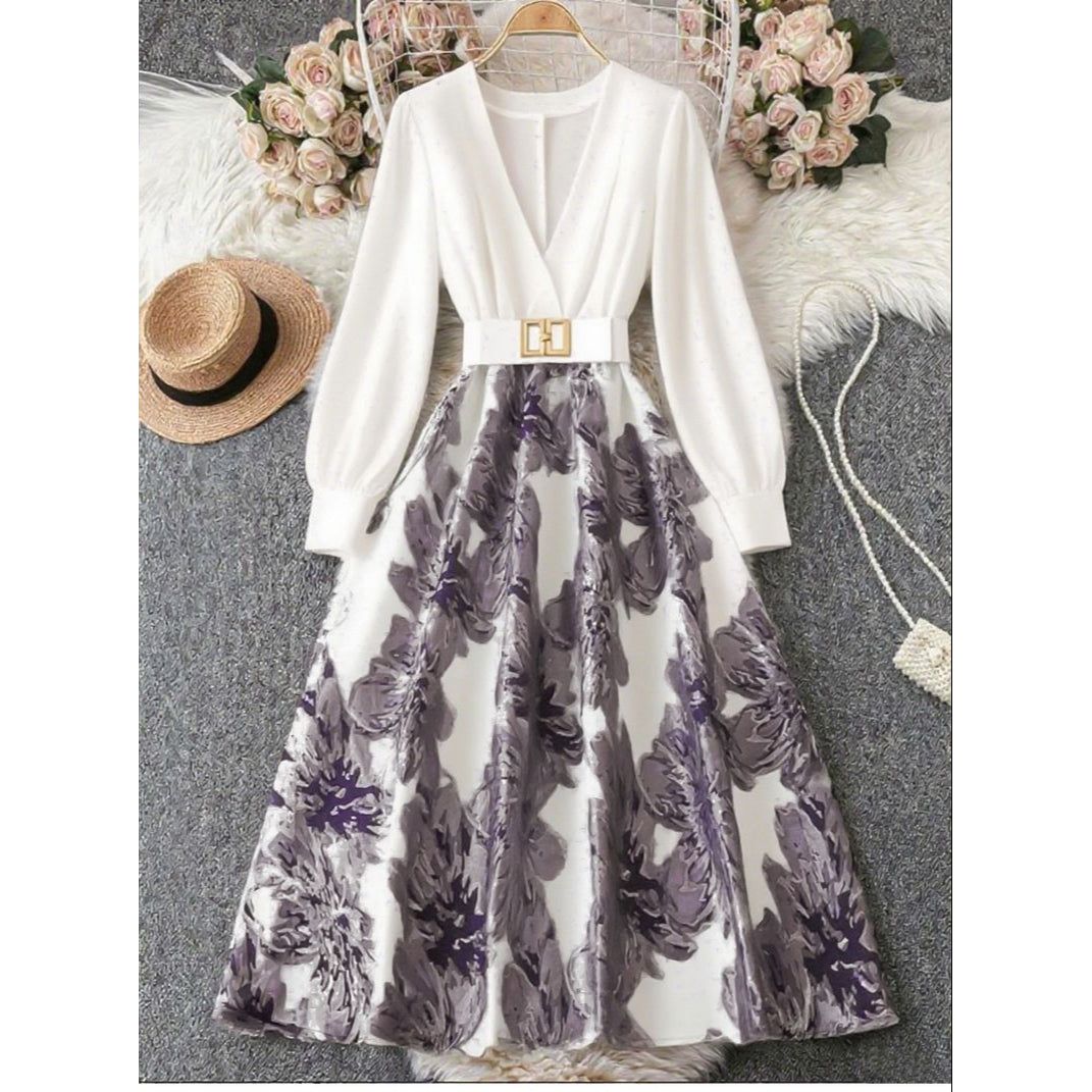 Plus Size Elegant Long Sleeve Embossed Print Patchwork Solid Color Adjustable Waist Dress