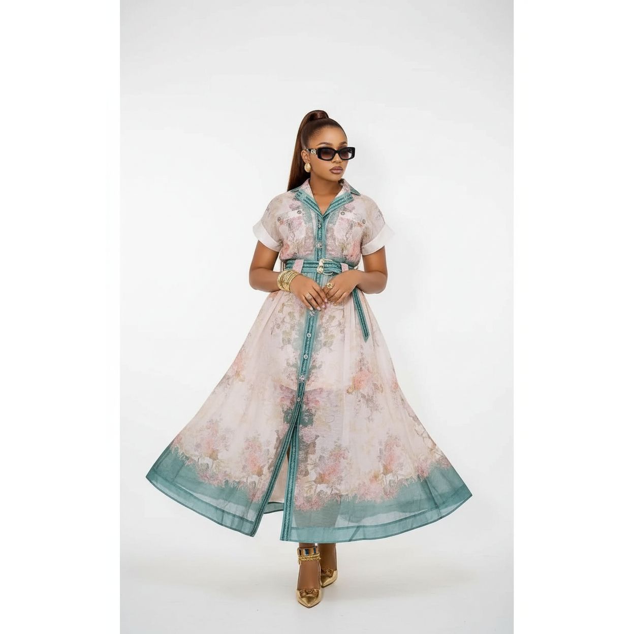 Short Sleeve V-Neck Multi-Color A-Line Maxi Dress
