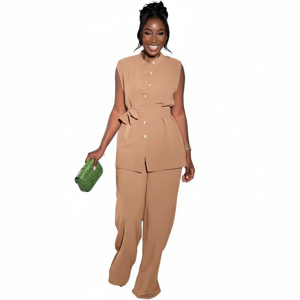 Button-Down Top & Wide Leg Pants Set