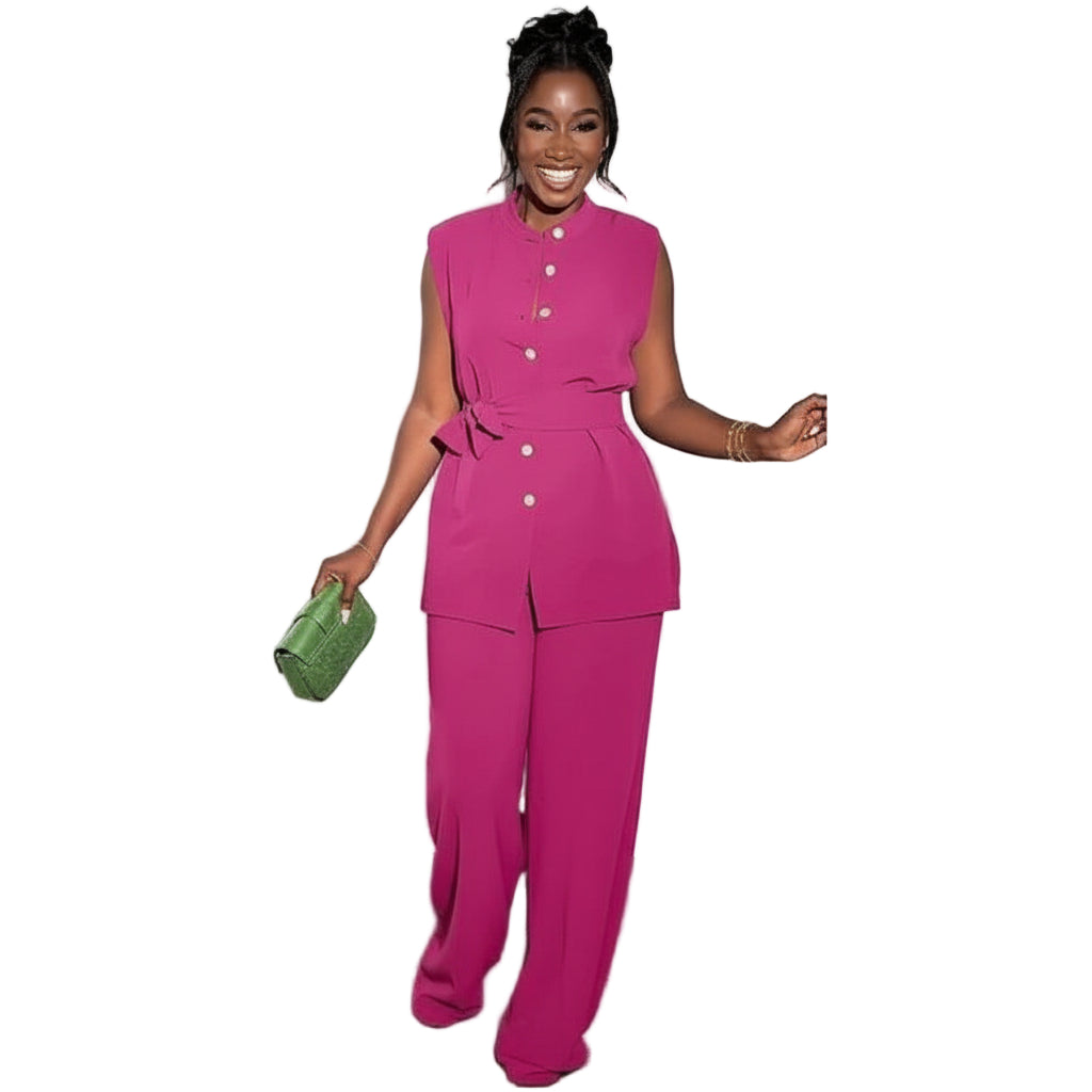 Two Piece Button Sleeveless Lace Up Top Wide Leg Summer Pants Set.