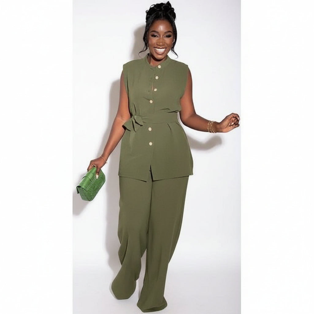 Two Piece Button Sleeveless Lace Up Top Wide Leg Summer Pants Set.