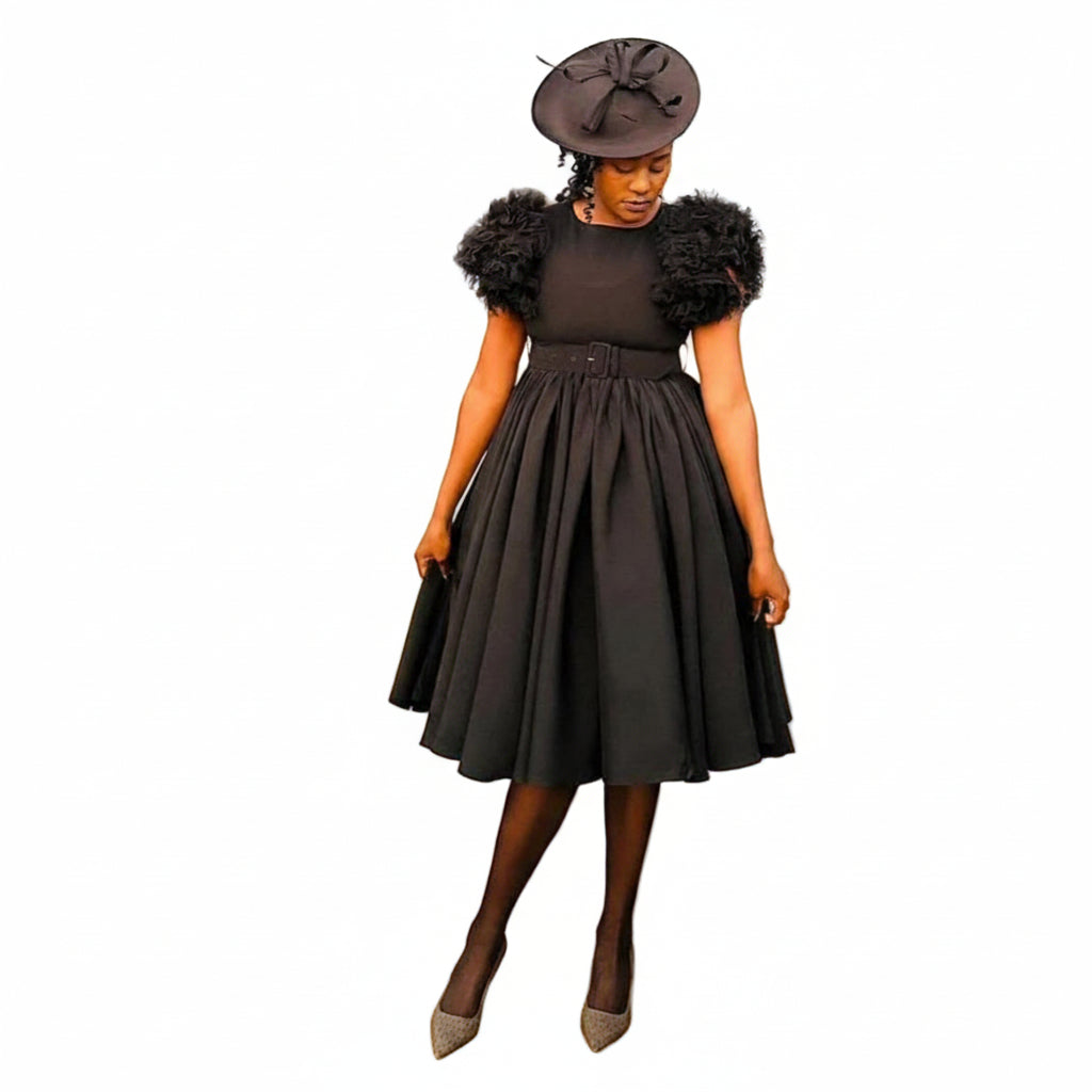 Flare Short Sleeve Round-Neck Belted Midi Dress