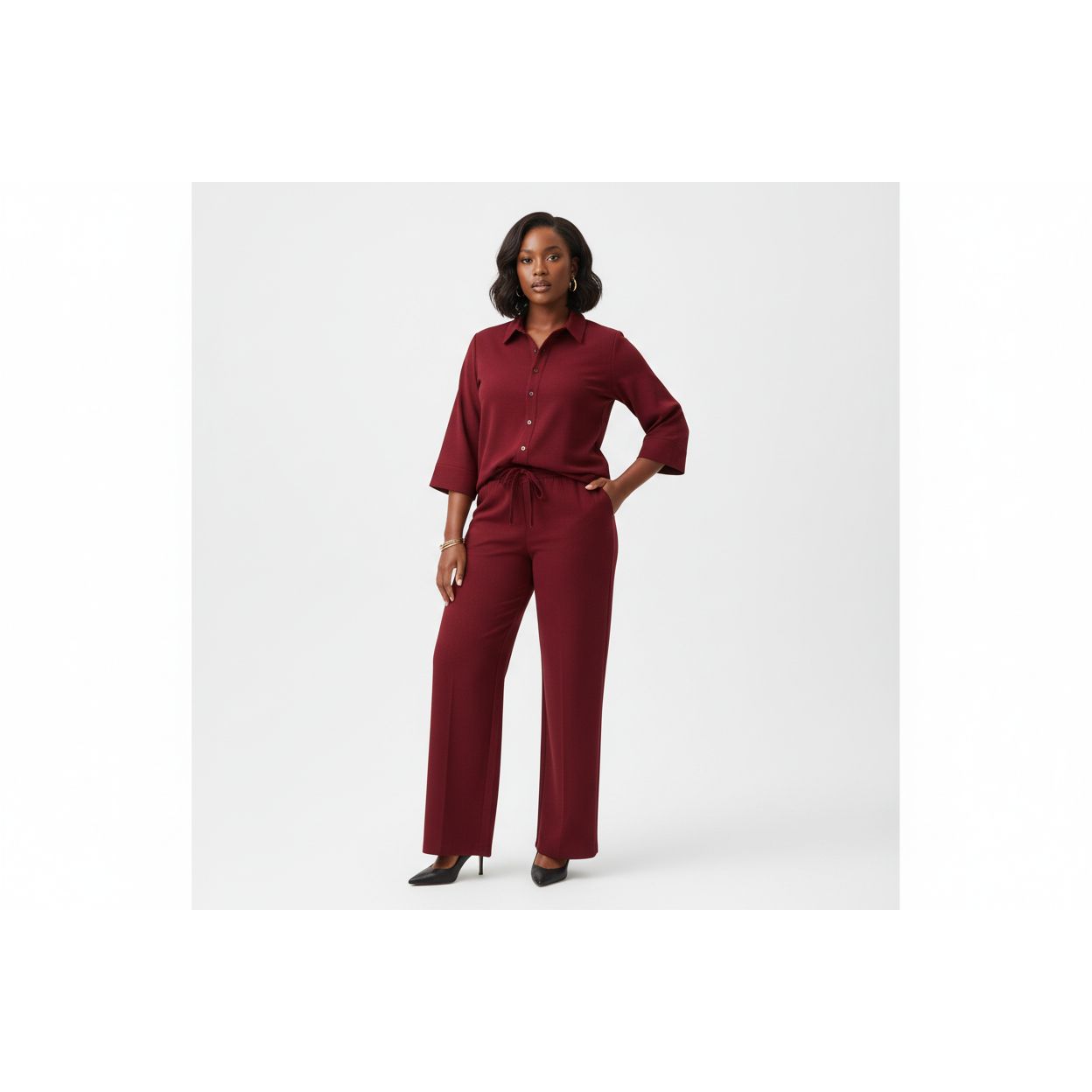 Buttoned 3/4 Sleeve Top with Palazzo Pants 2 Piece set.