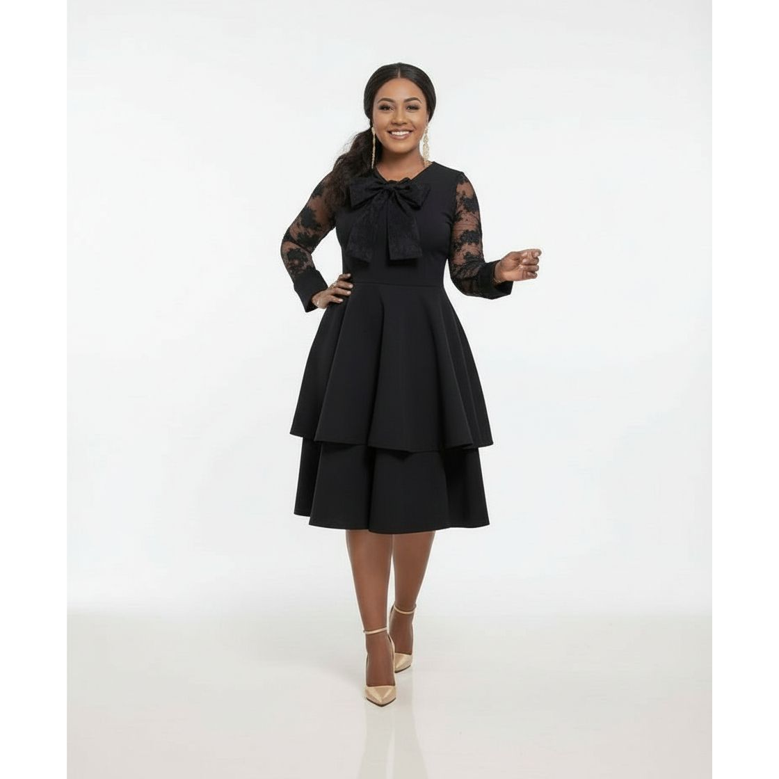 Elegant Big Bow Neck Design Knee Length Dress