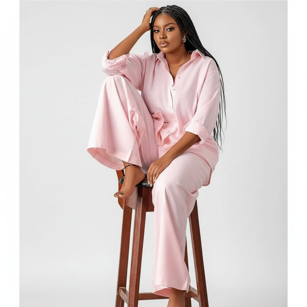 Plus Size Long Sleeve Shirt and Wide Long Pants Set