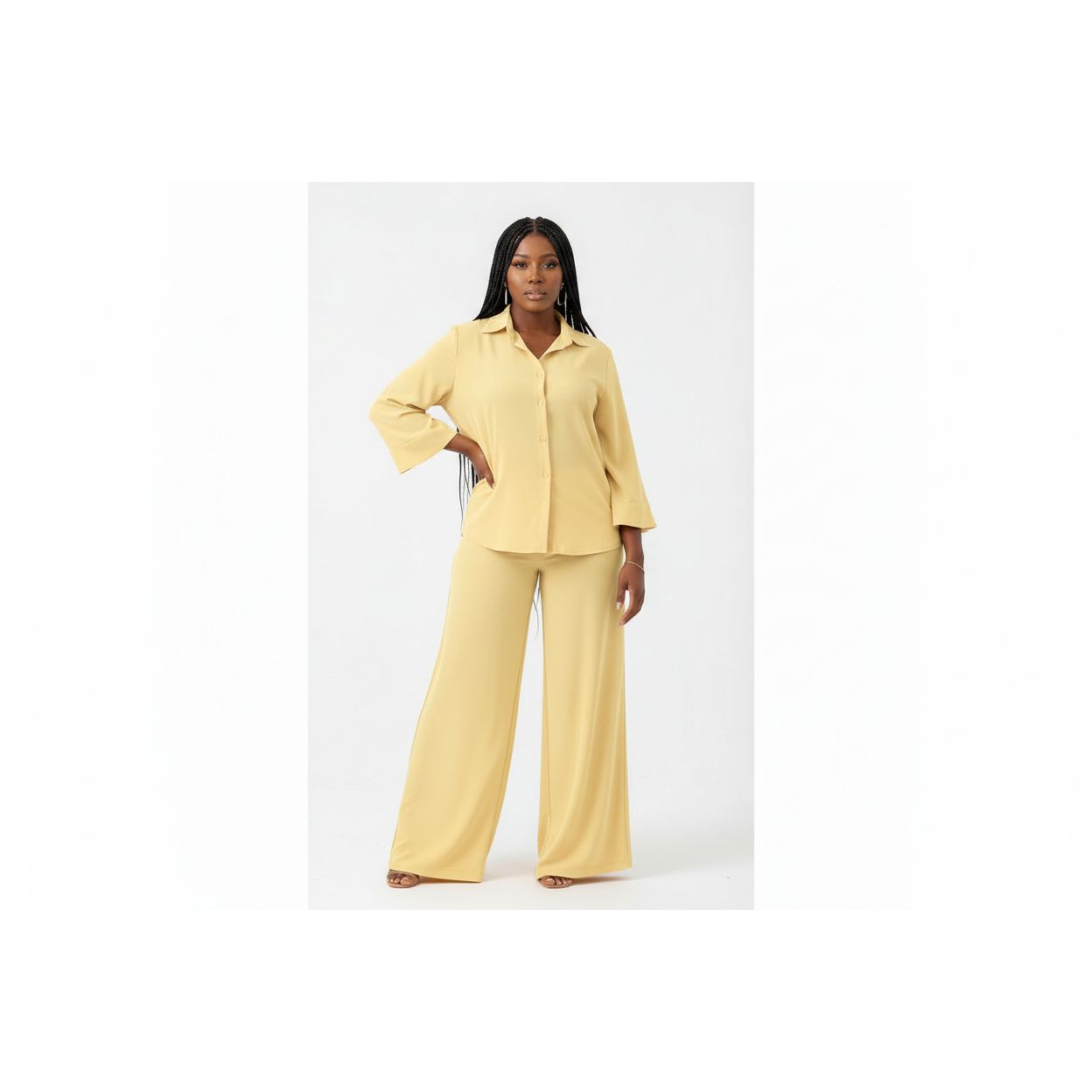 Plus Size Long Sleeve Shirt and Wide Long Pants Set