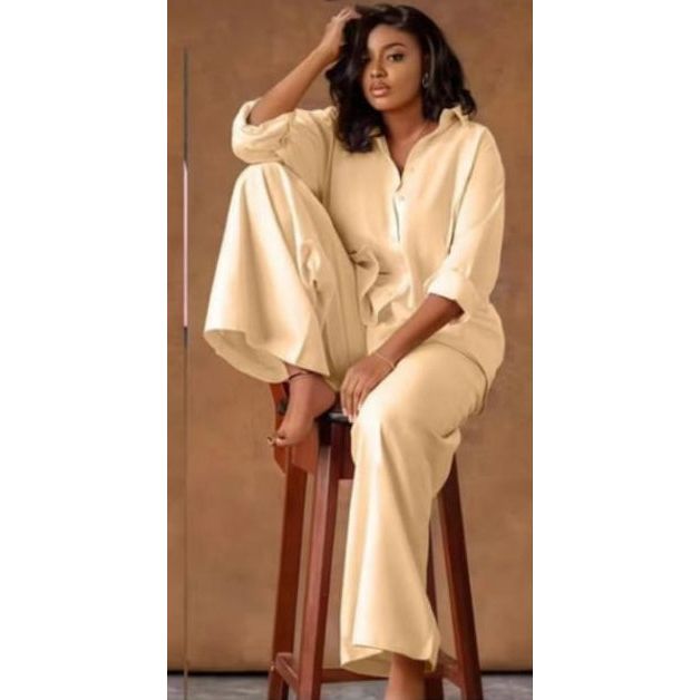 Plus Size Long Sleeve Shirt and Wide Long Pants Set