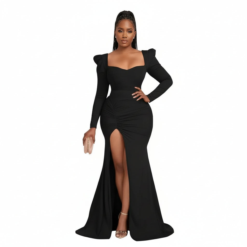 Puff Sleeve Side Draped Split Thigh Mermaid Hem Formal Dress