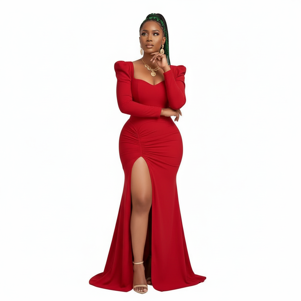 Puff Sleeve Side Draped Split Thigh Mermaid Hem Formal Dress