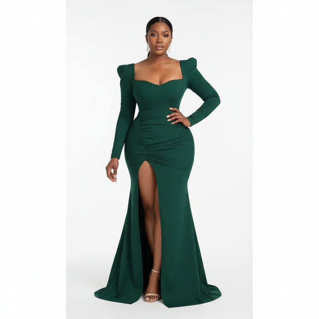 Puff Sleeve Side Draped Split Thigh Mermaid Hem Formal Dress