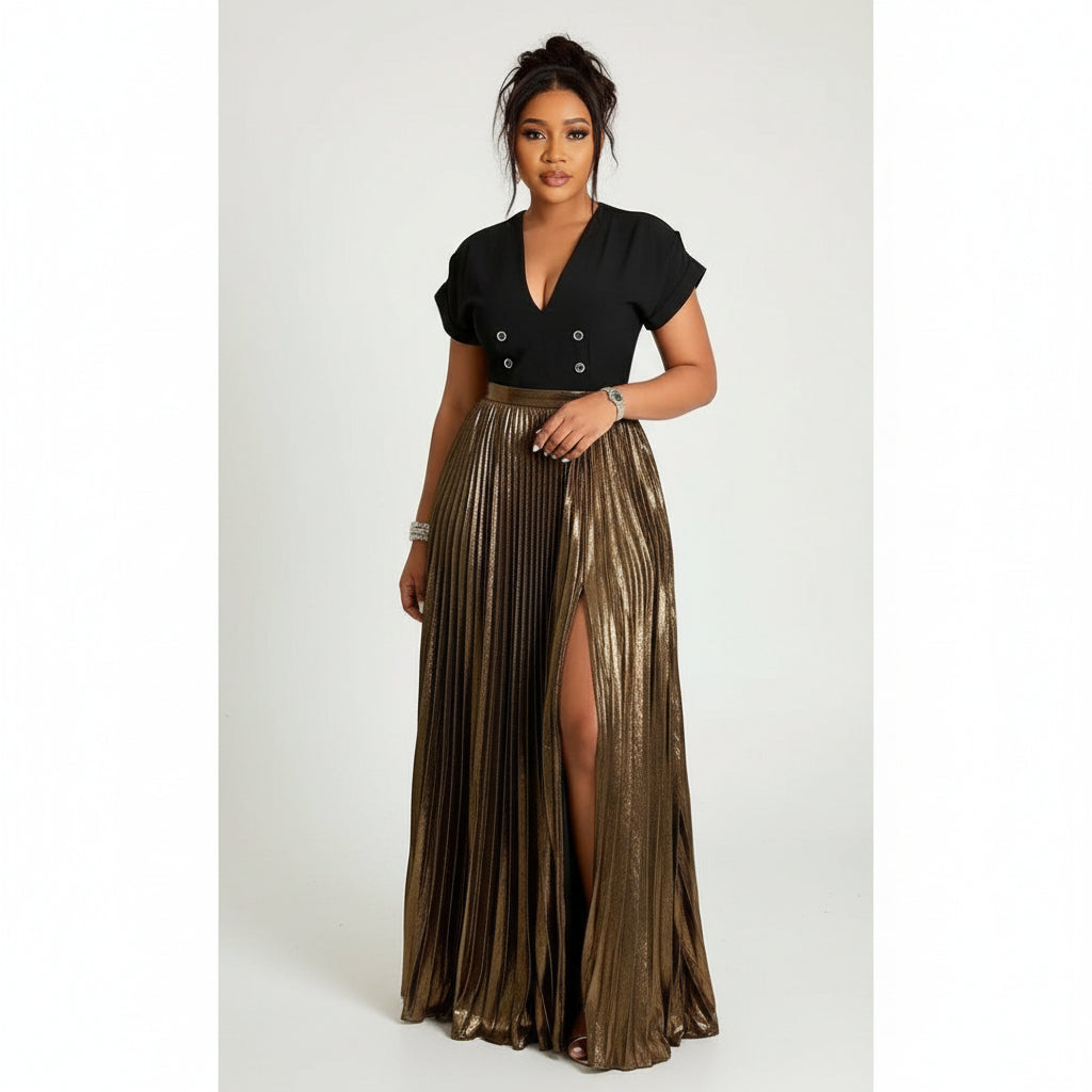 Metallic Fabric High Slit Skirt, Suitable For Party In Summer