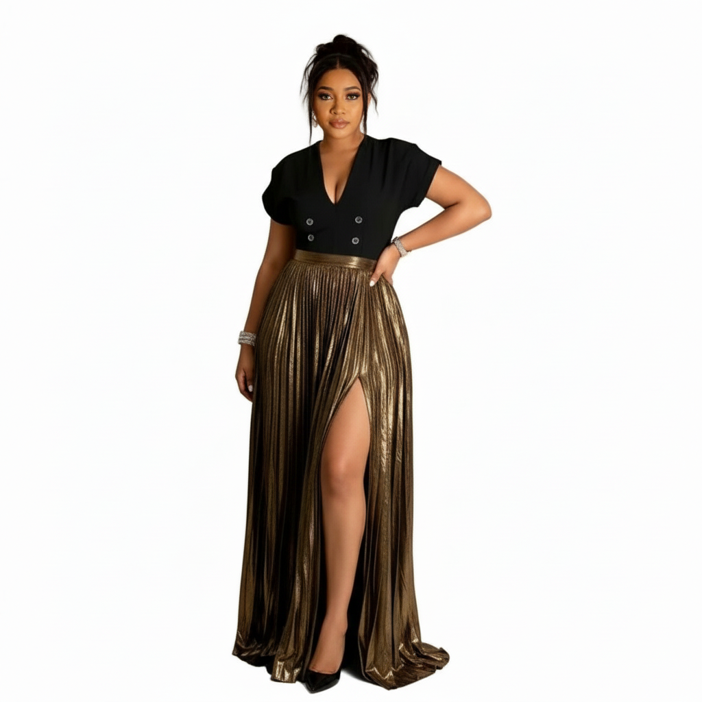 Metallic Fabric High Slit Skirt, Suitable For Party In Summer
