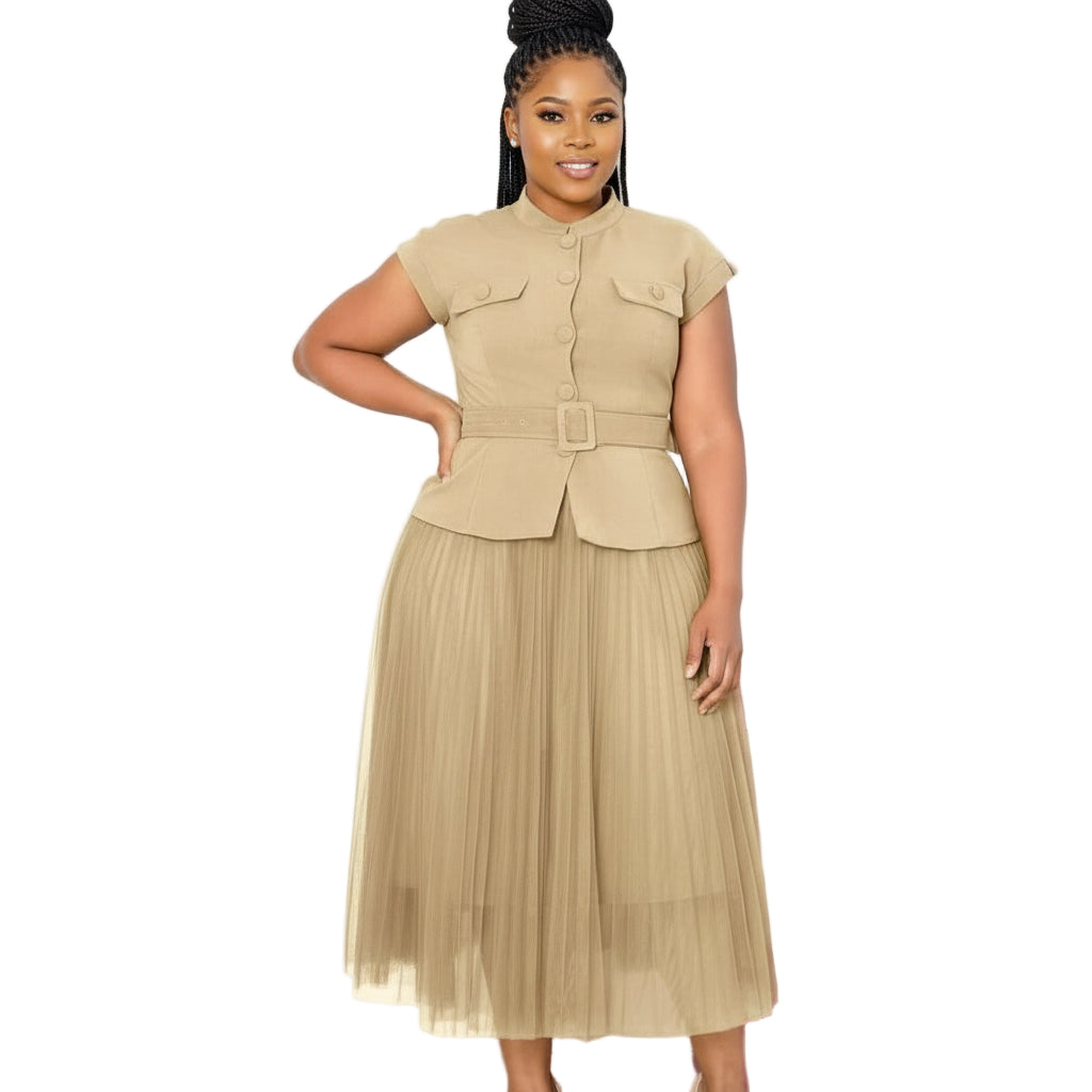 Plus Size Elegant Classic Pleated A-Line Skirt & Blouse 2 Piece Set