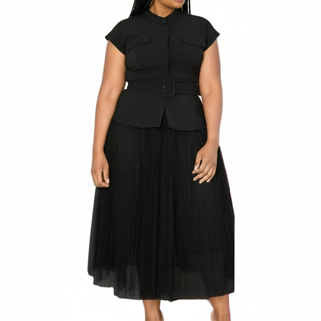 Plus Size Elegant Classic Pleated A-Line Skirt & Blouse 2 Piece Set