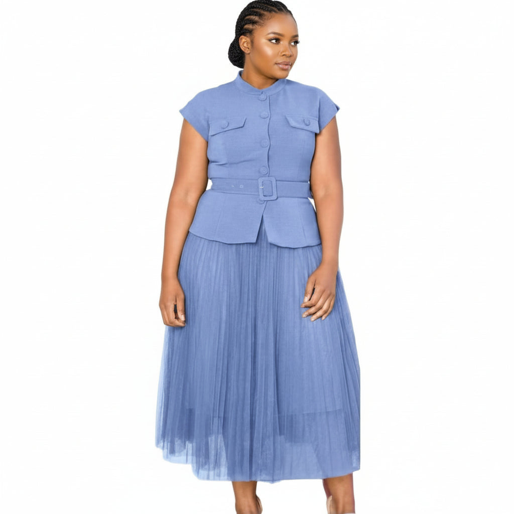 Plus Size Elegant Classic Pleated A-Line Skirt & Blouse 2 Piece Set