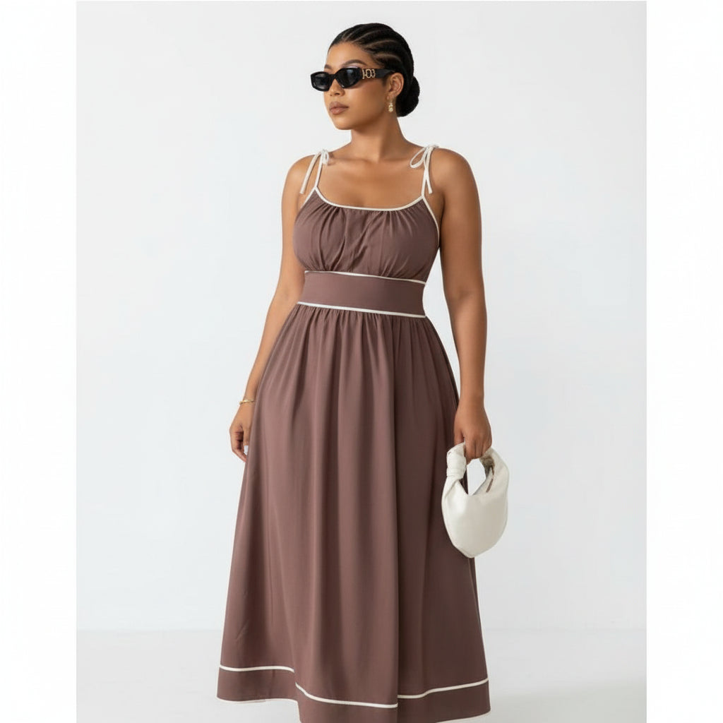 Plus Size Stylish White Trim Sleeveless Midi Dress