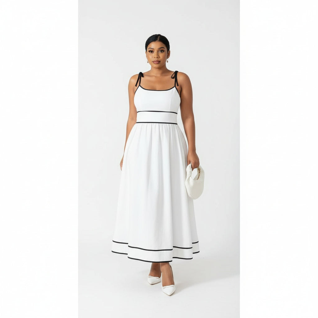 Plus Size Stylish White Trim Sleeveless Midi Dress