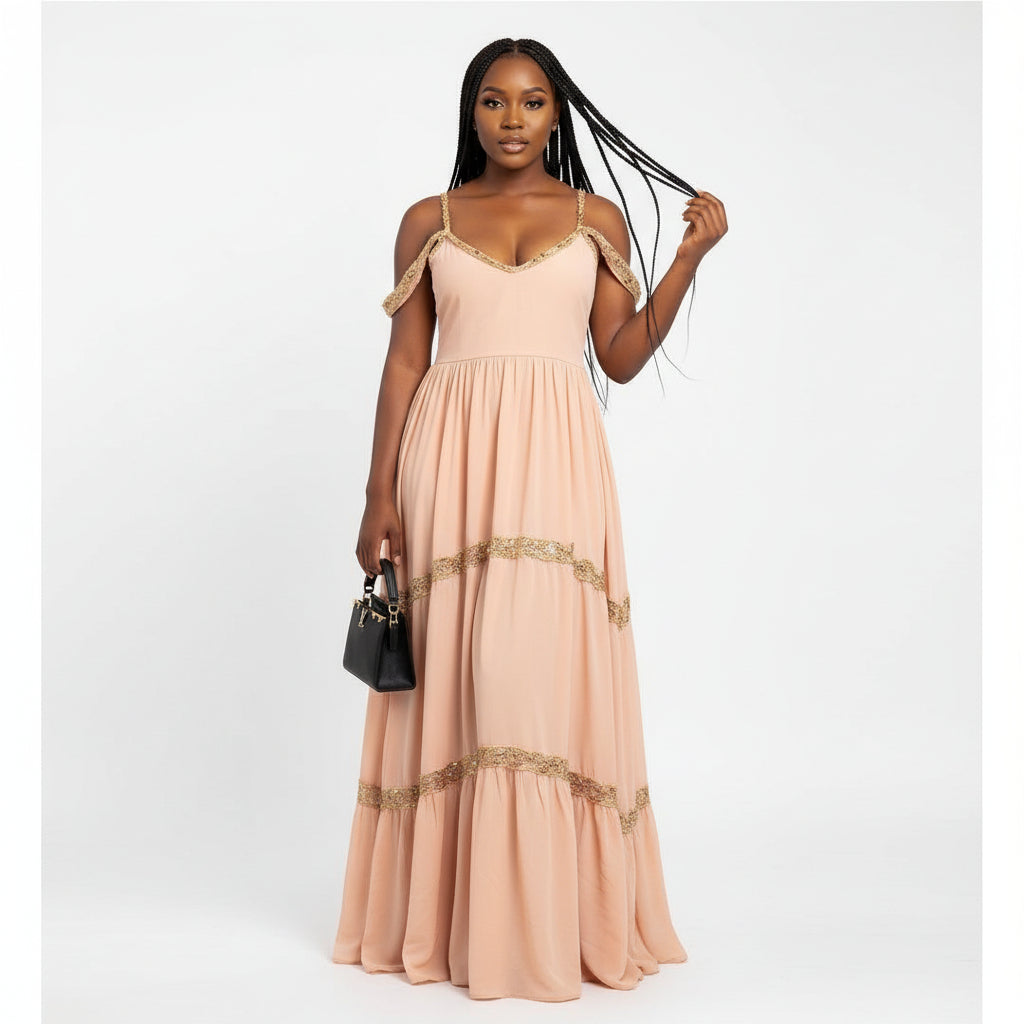 V-neck Thin Strap Elegant Solid Maxi Dress
