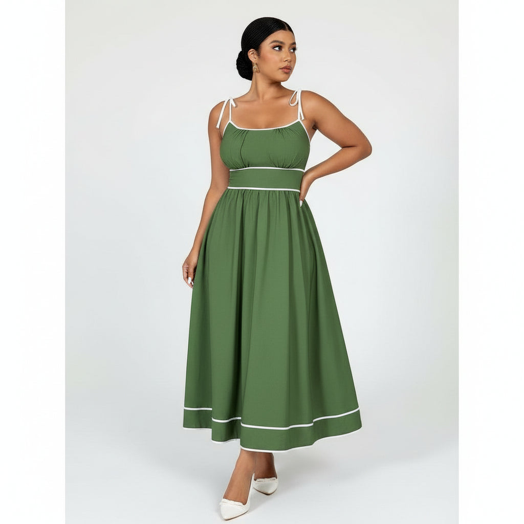 Plus Size Stylish White Trim Sleeveless Midi Dress