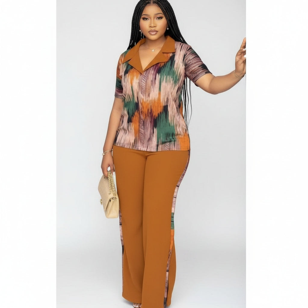 Down-Collar Short Sleeve Top & Matching Long Pants Set