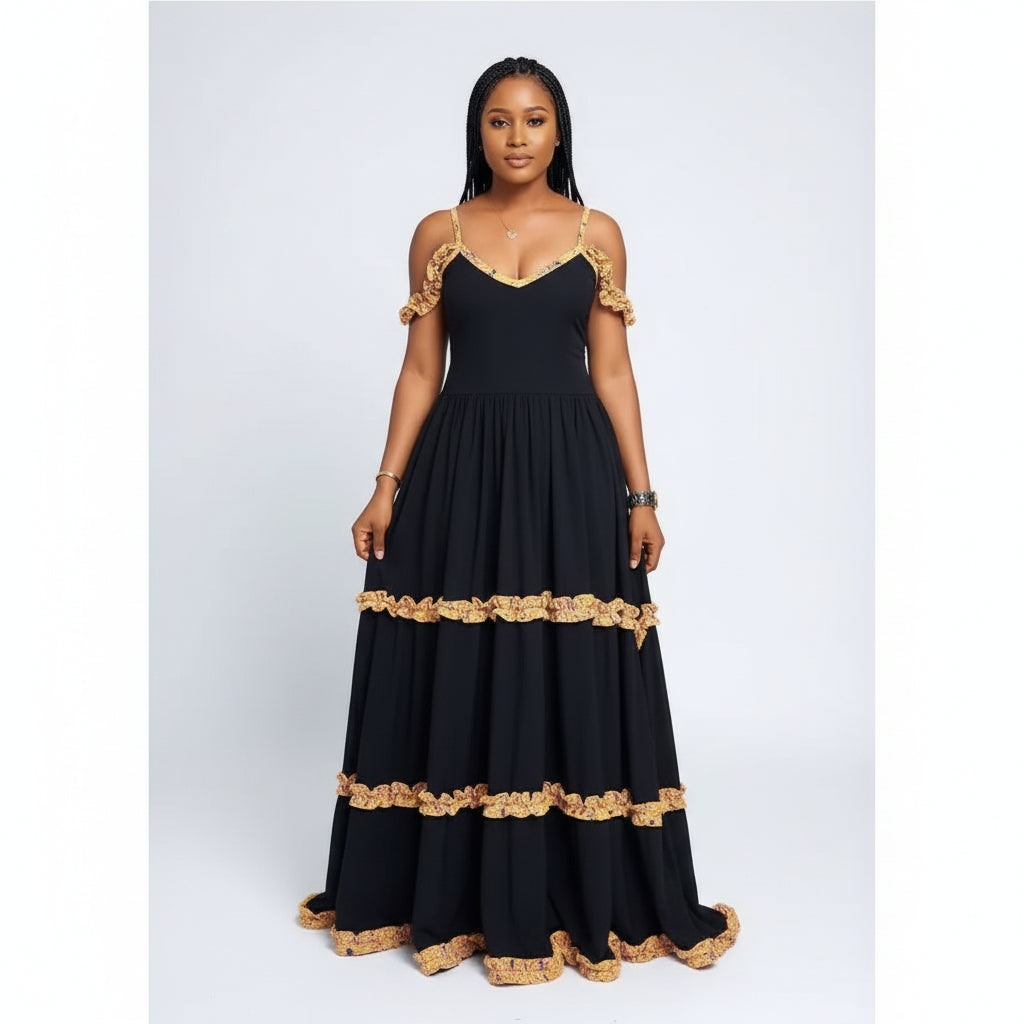 V-neck Thin Strap Elegant Solid Maxi Dress