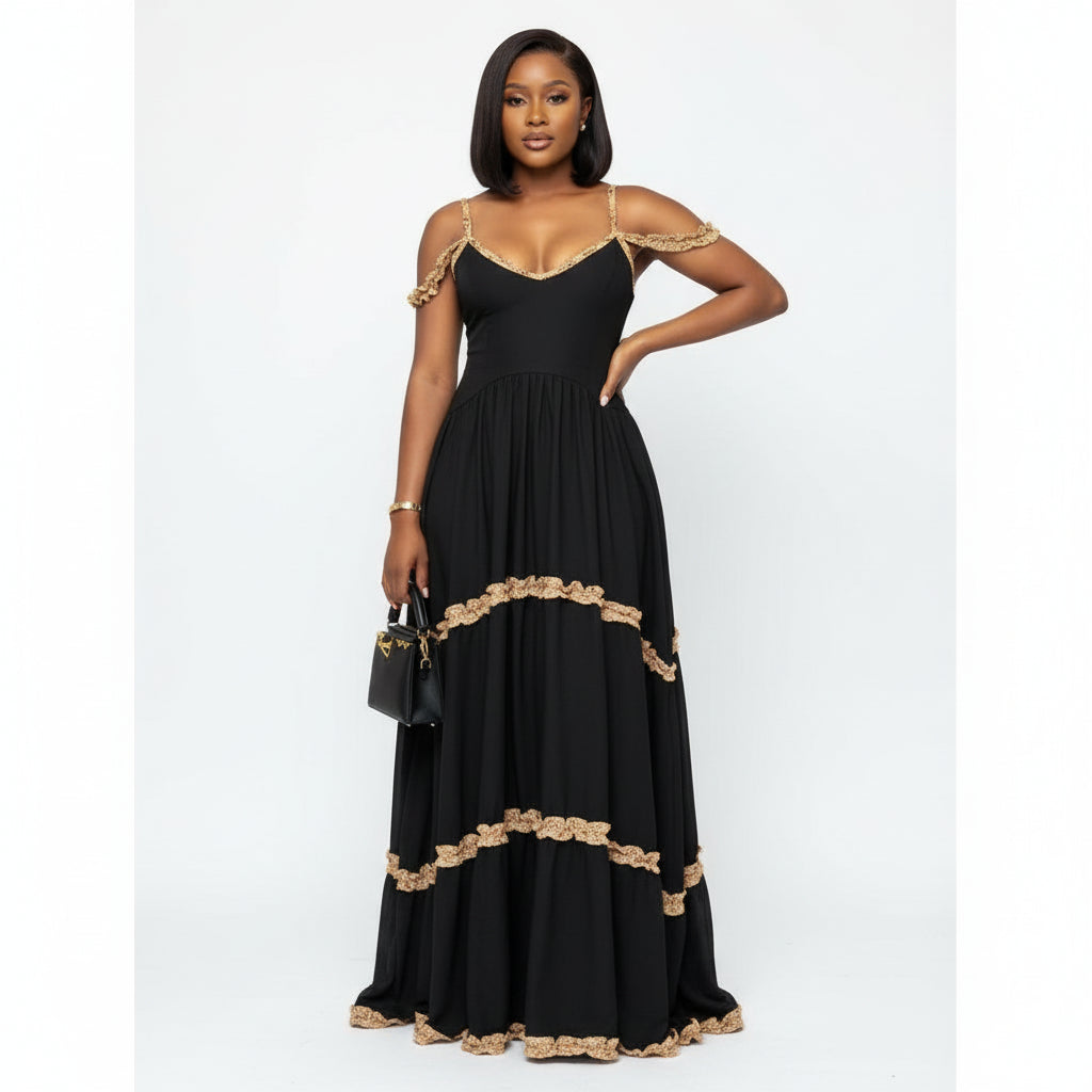 V-neck Thin Strap Elegant Solid Maxi Dress