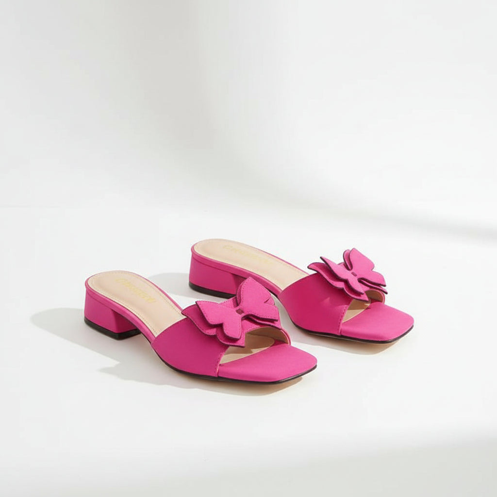 Butterfly Flower Decor Chunky Heel White High-Heeled Sandals