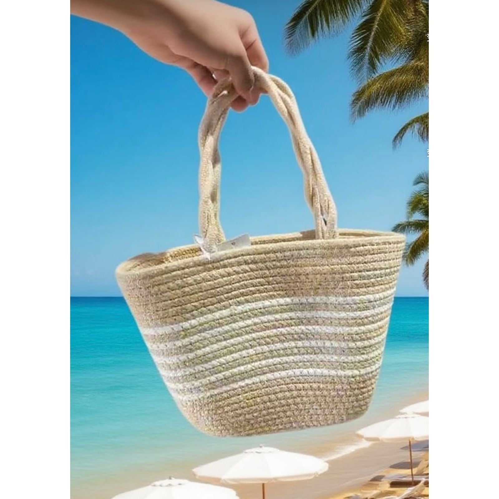 Jute Natural & White Striped Tote Handbag