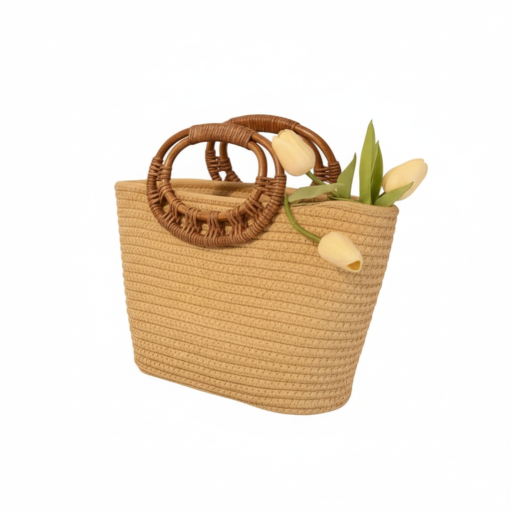 Large Capacity Woven Rattan Handle Handwoven Shoulder Handbag