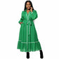 Long Sleeve White Trim Solid Color Maxi Dress