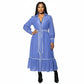 Long Sleeve White Trim Solid Color Maxi Dress