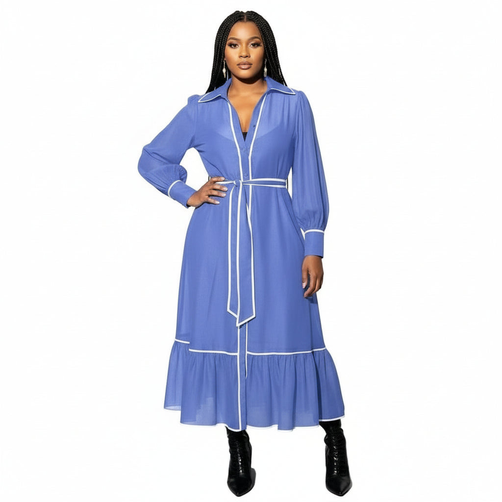 Long Sleeve White Trim Solid Color Maxi Dress