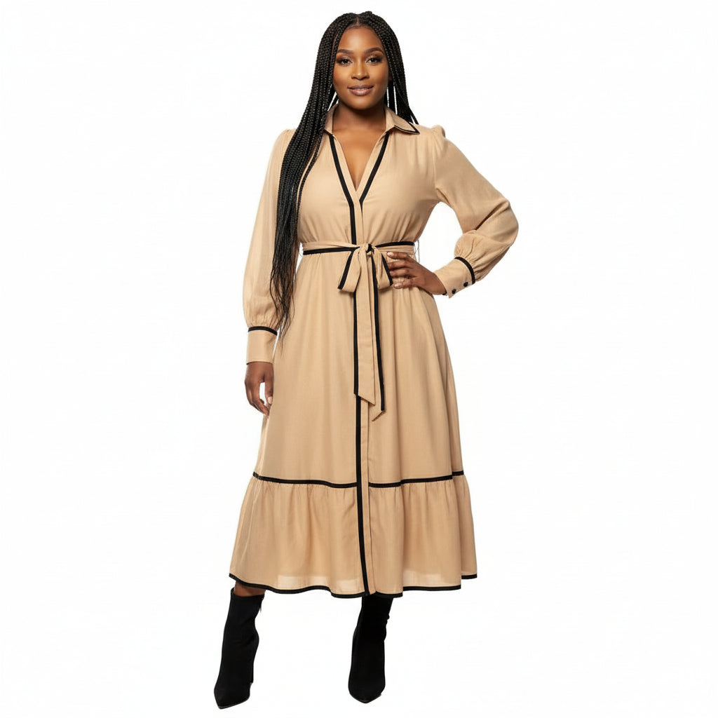 Long Sleeve White Trim Solid Color Maxi Dress