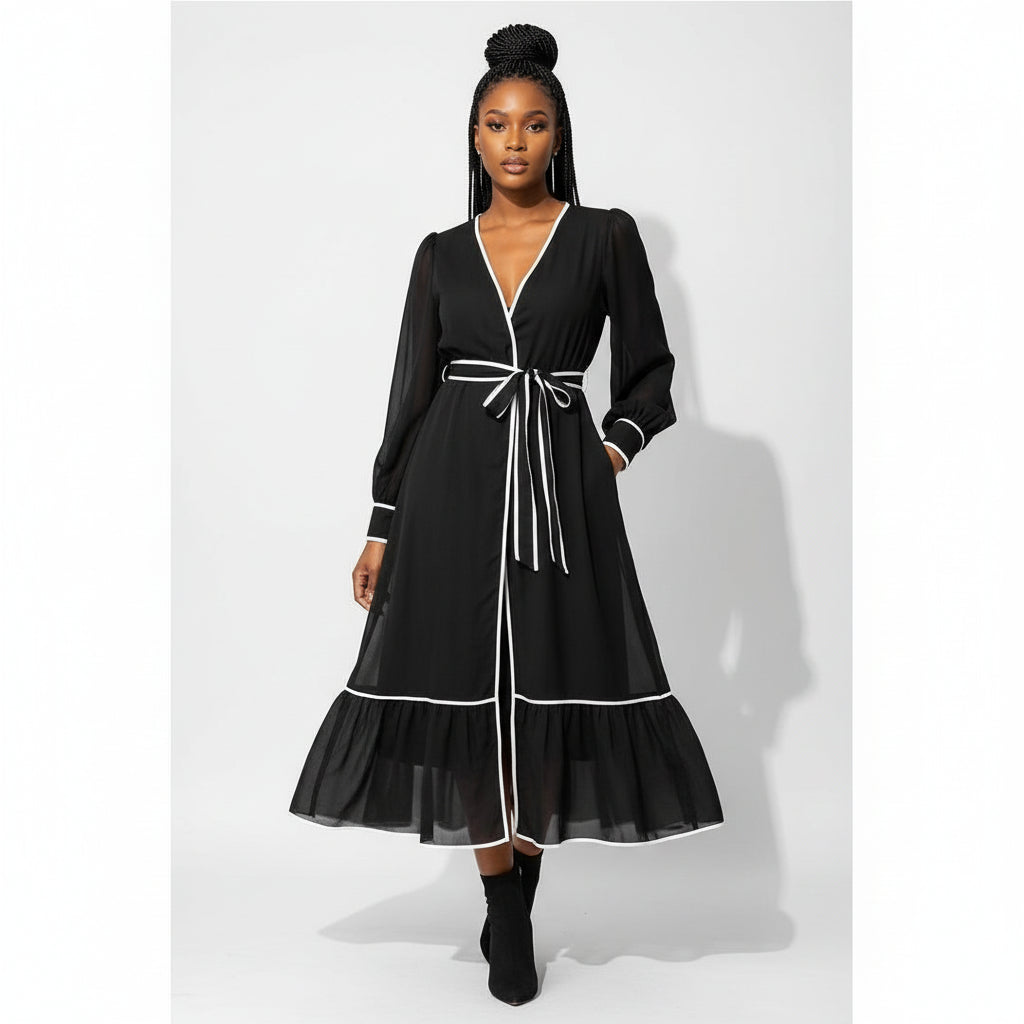 Long Sleeve White Trim Solid Color Maxi Dress