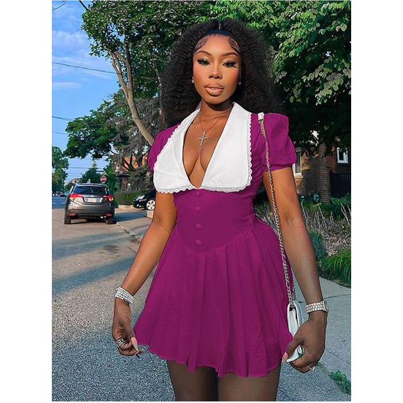 White Turn-Down Collar With Deep V-Neck Pleated Mini Dress.