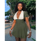 White Turn-Down Collar With Deep V-Neck Pleated Mini Dress.