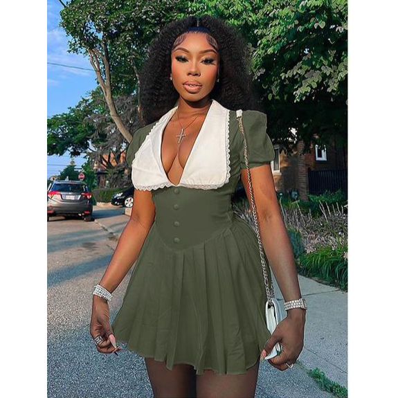 White Turn-Down Collar With Deep V-Neck Pleated Mini Dress.