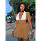 White Turn-Down Collar With Deep V-Neck Pleated Mini Dress.