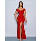 Plain Color Off Shoulder Twist Ruched Slit To Thigh Elegant Dress