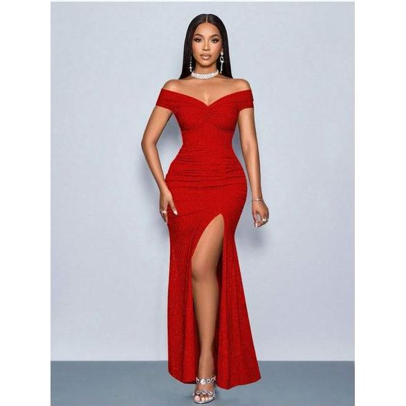Plain Color Off Shoulder Twist Ruched Slit To Thigh Elegant Dress