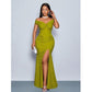 Plain Color Off Shoulder Twist Ruched Slit To Thigh Elegant Dress